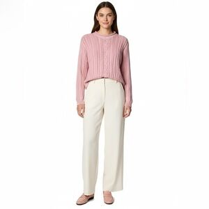 TALBOTS 100% Cotton Pink Cable Knit Sweater Rolled Mock Neck MADE IN USA Sz L